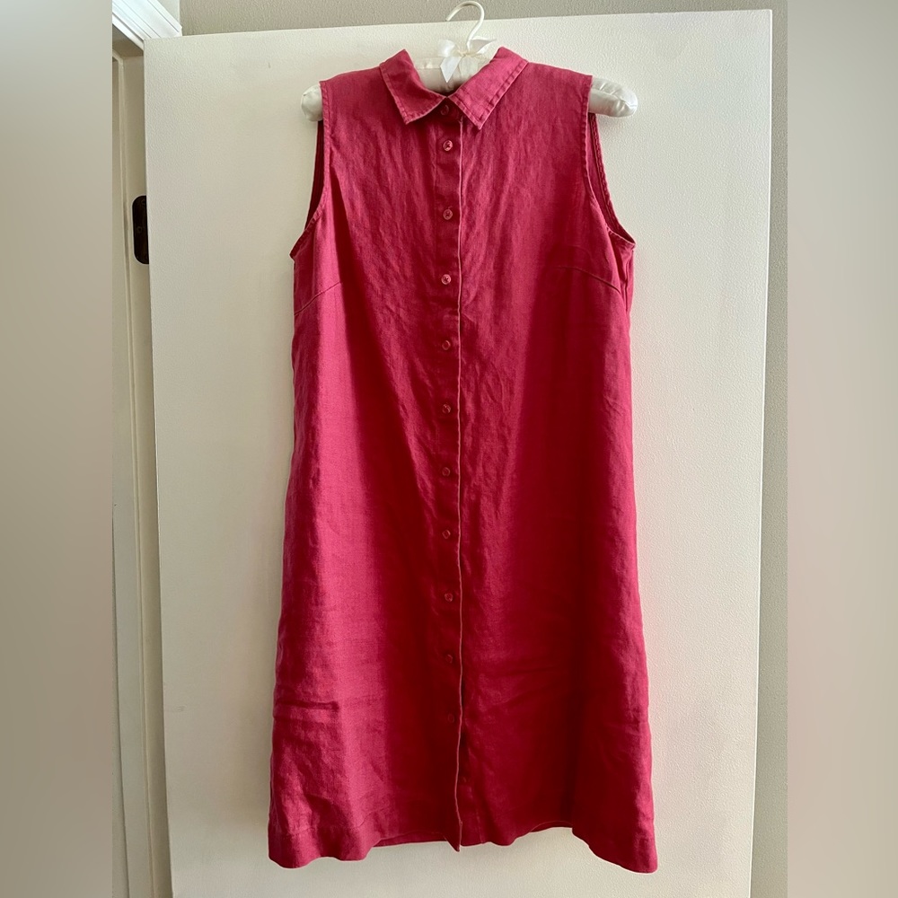 Garnet Hill sleeveless linen shirt dress, size 8, collared button up.
